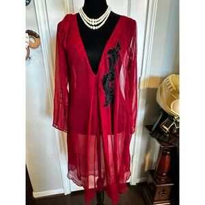 Tina Atil Red Sheer Damask Duster Cardigan – Black Beaded Applique – Size L